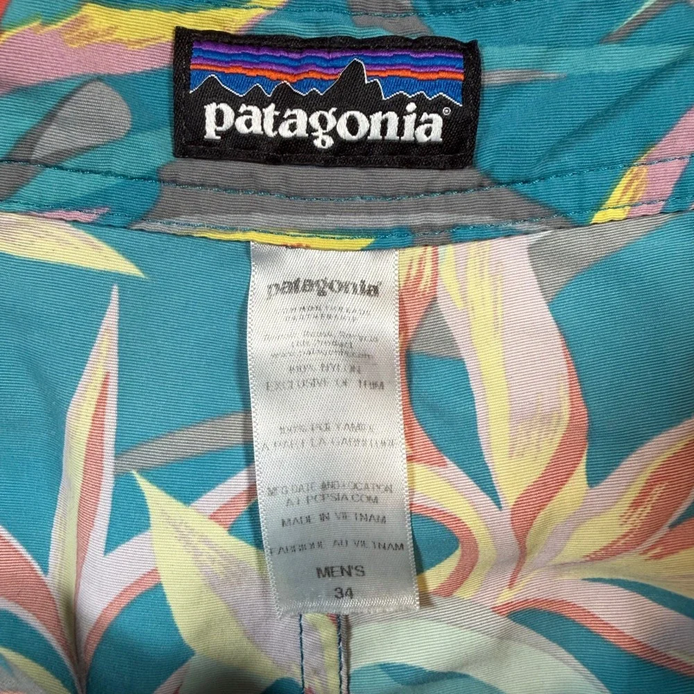 Patagonia‎ Board Shorts Mens 34 Teal Floral Bird of Paradise Swim Trunks Surf